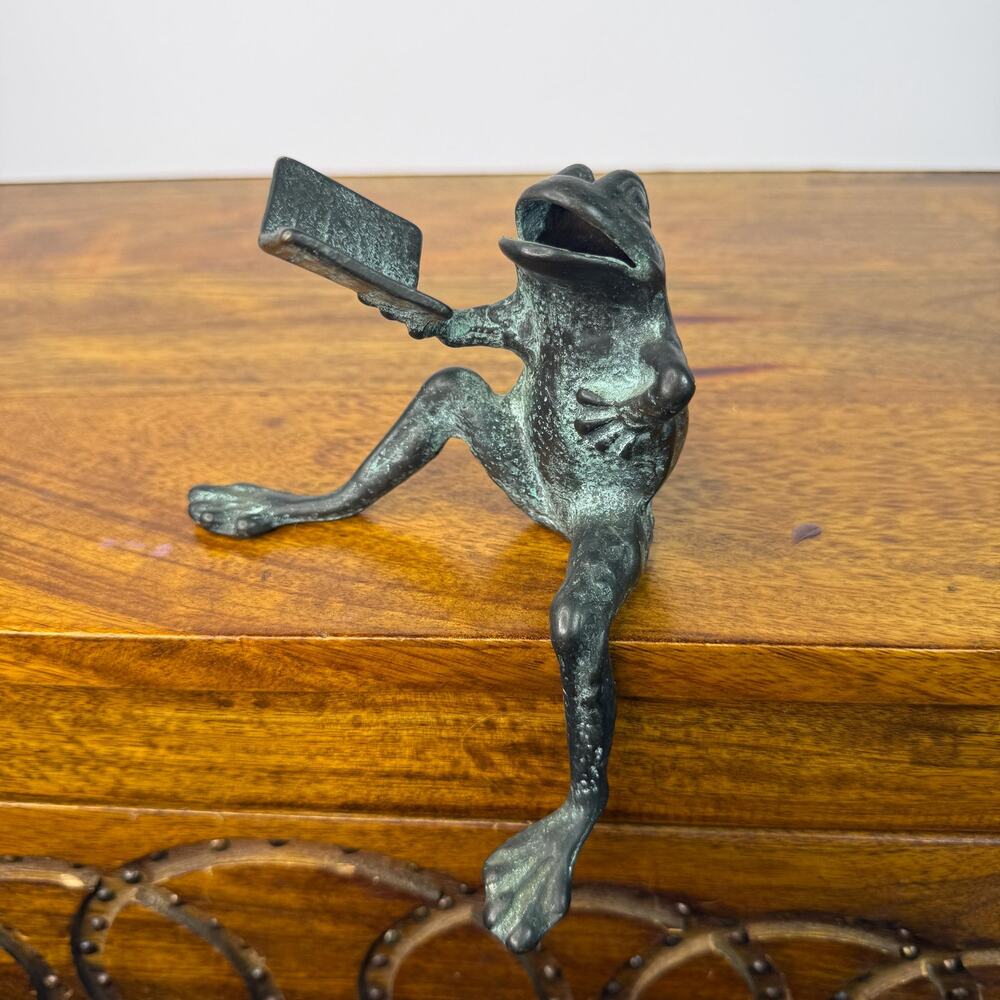 Vintage Cast Bronze Frog Figurine Shelf Sitter Reading Book Figure